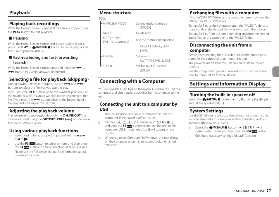 Playback, Playing back recordings, Selecting a file for playback (skipping) | Adjusting the playback volume, Using various playback functions, Menu structure, Connecting with a computer, Connecting the unit to a computer by usb, Exchanging files with a computer, Disconnecting the unit from a computer | Teac DR-22WL User Manual | Page 11 / 112