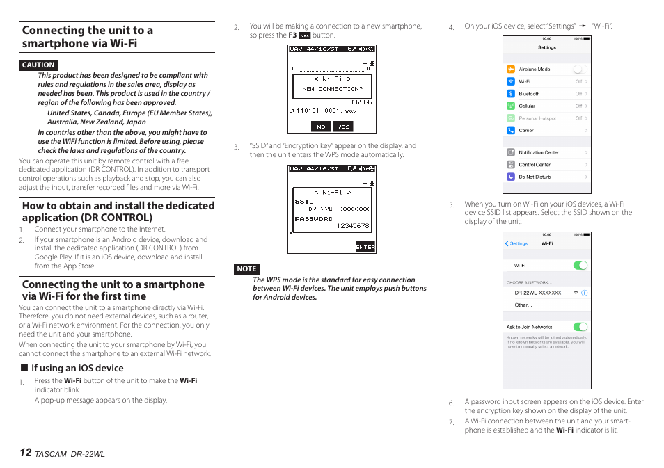 Connecting the unit to a smartphone via wi-fi, Dr control), For the first time | Teac DR-22WL User Manual | Page 12 / 112