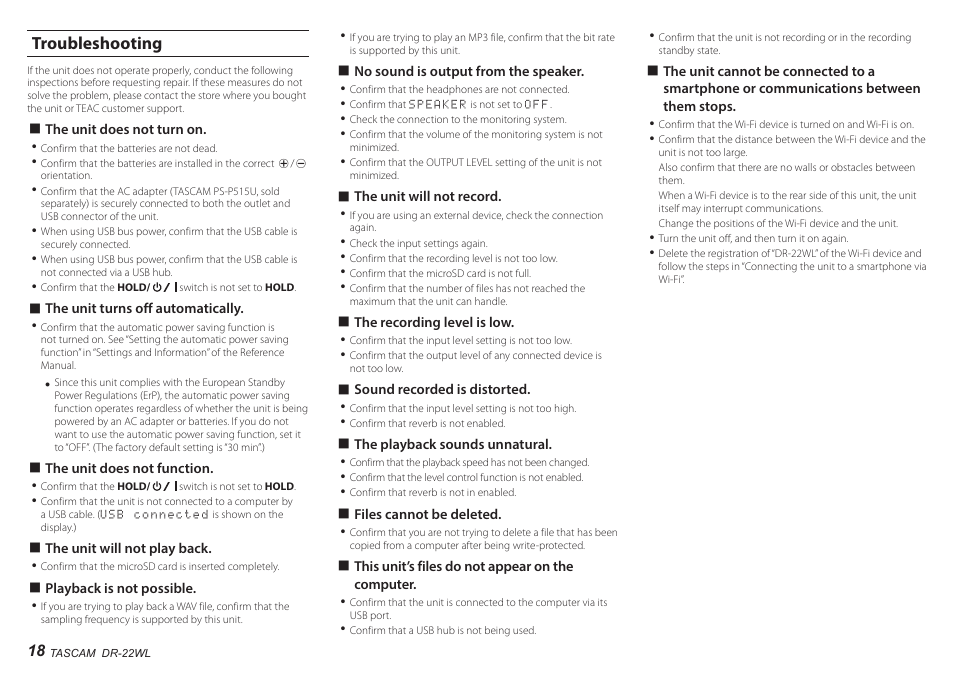 Troubleshooting | Teac DR-22WL User Manual | Page 18 / 112