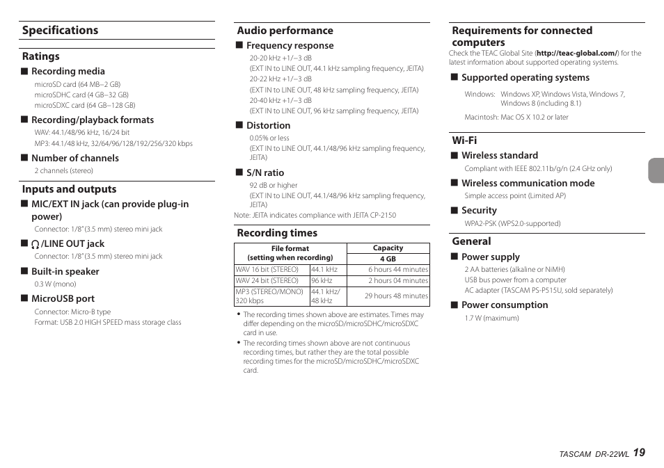 Specifications, Ratings, Inputs and outputs | Audio performance, Recording times, Requirements for connected computers, Wi-fi, General | Teac DR-22WL User Manual | Page 19 / 112