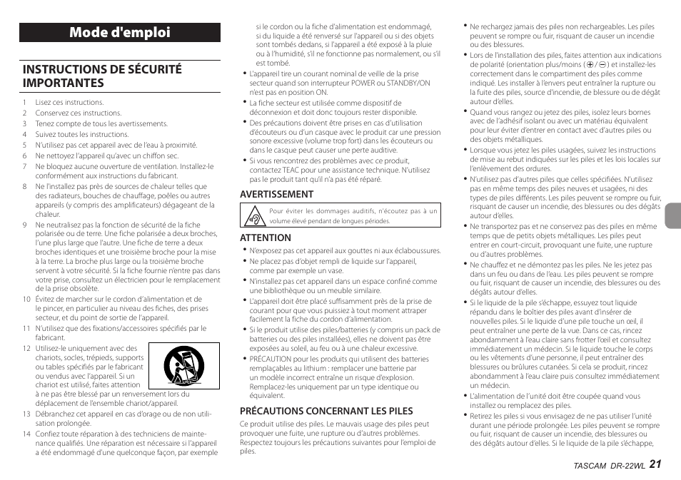 Français, Mode d'emploi, Instructions de sécurité importantes | Teac DR-22WL User Manual | Page 21 / 112