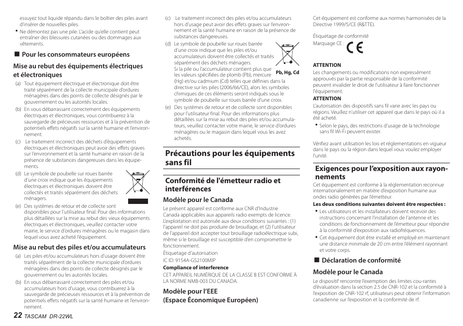 Précautions pour les équipements sans fil, Conformité de l'émetteur radio et interférences, Exigences pour l’exposition aux rayonnements | Exigences pour l’exposition aux rayon- nements | Teac DR-22WL User Manual | Page 22 / 112