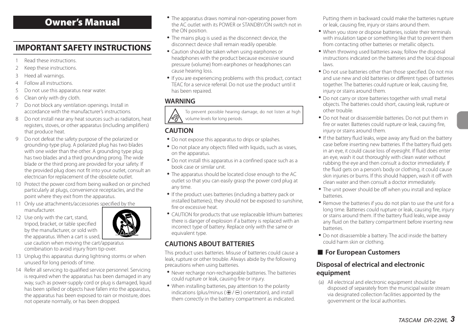 English, Owner’s manual, Important safety instructions | Teac DR-22WL User Manual | Page 3 / 112