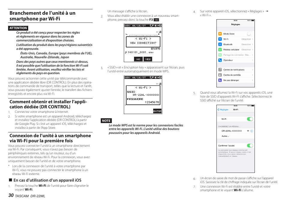 Branchement de l’unité à un smartphone par wi-fi, Comment obtenir et installer l’application dédiée, Dr control) | Première fois | Teac DR-22WL User Manual | Page 30 / 112