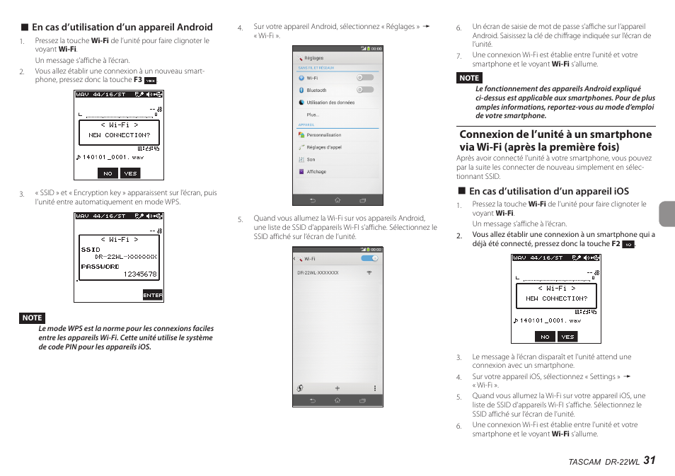 Connexion de l’unité à un smartphone via wi-fi, Après la première fois) | Teac DR-22WL User Manual | Page 31 / 112