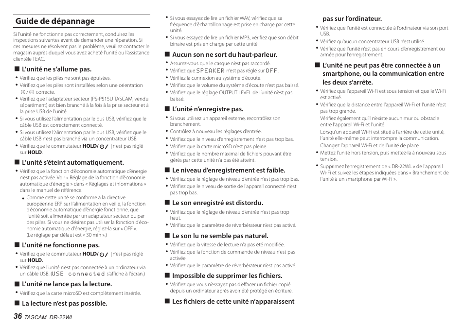 Guide de dépannage | Teac DR-22WL User Manual | Page 36 / 112