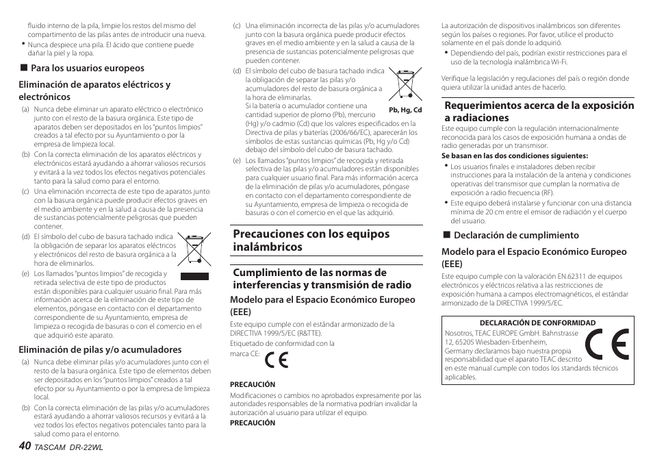 Precauciones con los equipos inalámbricos | Teac DR-22WL User Manual | Page 40 / 112