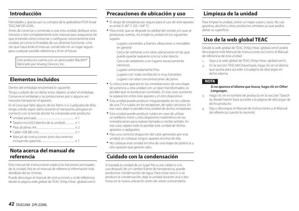 Introducción, Elementos incluidos, Nota acerca del manual de referencia | Precauciones de ubicación y uso, Cuidado con la condensación, Limpieza de la unidad, Uso de la web global teac | Teac DR-22WL User Manual | Page 42 / 112