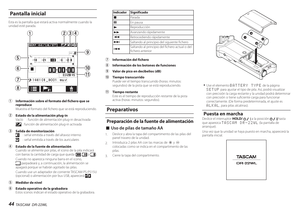 Pantalla inicial, Preparativos, Preparación de la fuente de alimentación | Puesta en marcha, Pantalla inicial preparativos | Teac DR-22WL User Manual | Page 44 / 112