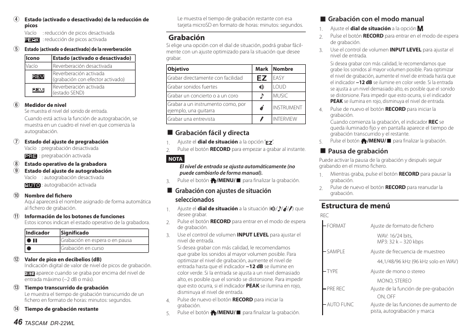 Grabación, Estructura de menú | Teac DR-22WL User Manual | Page 46 / 112