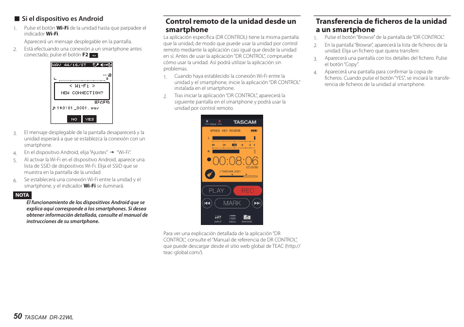 Control remoto de la unidad desde un smartphone | Teac DR-22WL User Manual | Page 50 / 112