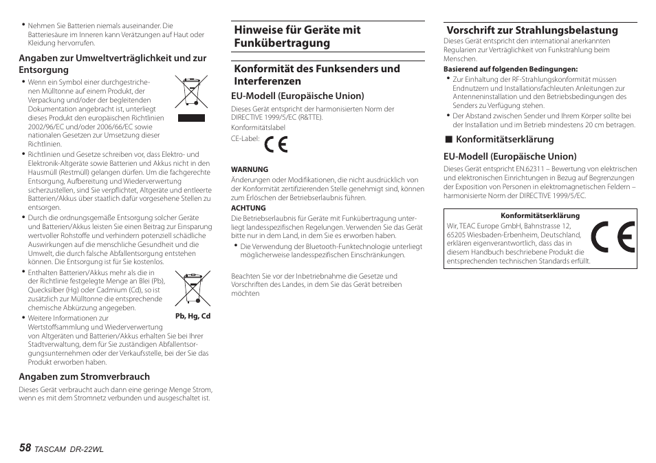 Hinweise für geräte mit funkübertragung, Konformität des funksenders und interferenzen, Vorschrift zur strahlungsbelastung | Teac DR-22WL User Manual | Page 58 / 112