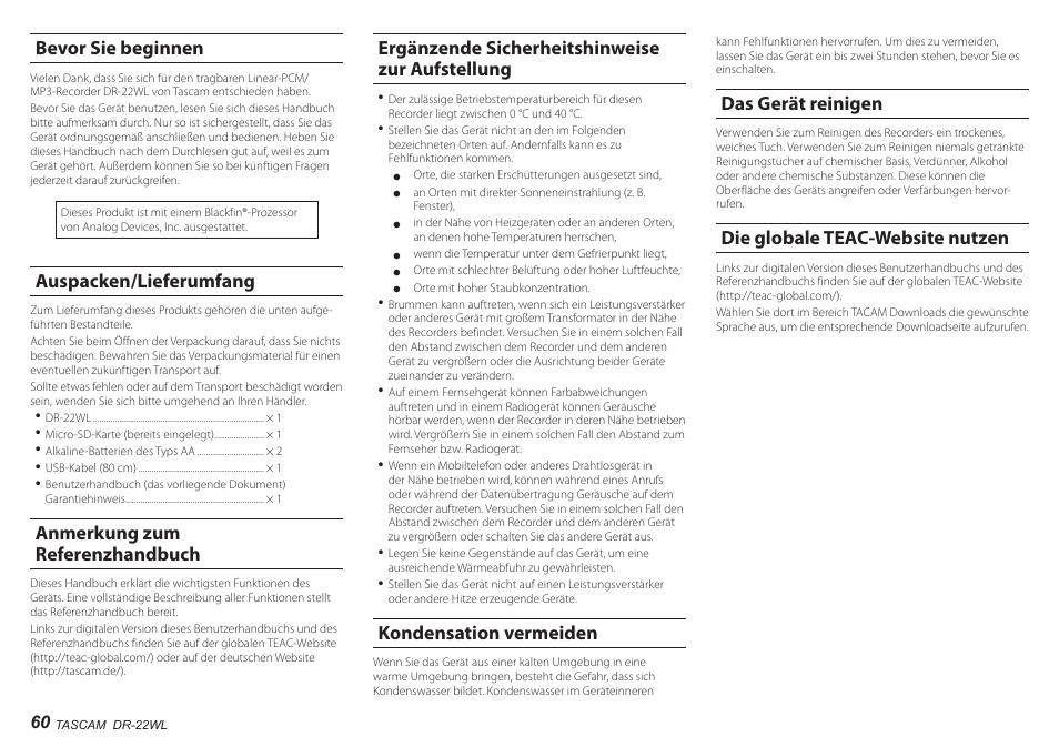 Bevor sie beginnen, Auspacken/lieferumfang, Anmerkung zum referenzhandbuch | Ergänzende sicherheitshinweise zur aufstellung, Kondensation vermeiden, Das gerät reinigen, Die globale teac-website nutzen | Teac DR-22WL User Manual | Page 60 / 112