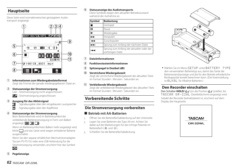 Hauptseite, Vorbereitende schritte, Die stromversorgung vorbereiten | Den recorder einschalten, Hauptseite vorbereitende schritte | Teac DR-22WL User Manual | Page 62 / 112