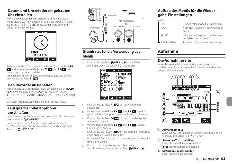 Datum und uhrzeit der eingebauten uhr einstellen, Den recorder ausschalten, Lautsprecher oder kopfhörer anschließen | Grundsätze für die verwendung des menüs, Aufbau des menüs für die wiedergabe-einstellungen, Aufnahme, Die aufnahmeseite | Teac DR-22WL User Manual | Page 63 / 112