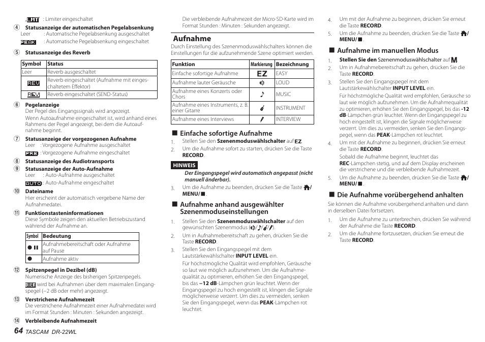 Aufnahme | Teac DR-22WL User Manual | Page 64 / 112