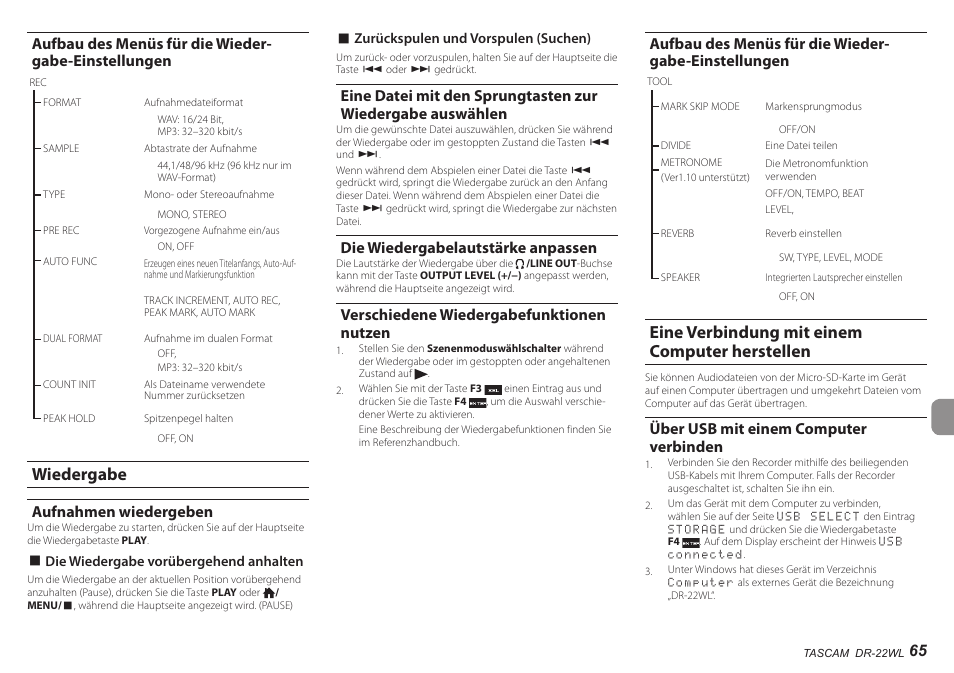 Aufbau des menüs für die wiedergabe-einstellungen, Wiedergabe, Aufnahmen wiedergeben | Die wiedergabelautstärke anpassen, Verschiedene wiedergabefunktionen nutzen, Eine verbindung mit einem computer herstellen, Über usb mit einem computer verbinden, Eine datei mit den sprungtasten zur wiedergabe, Auswählen | Teac DR-22WL User Manual | Page 65 / 112