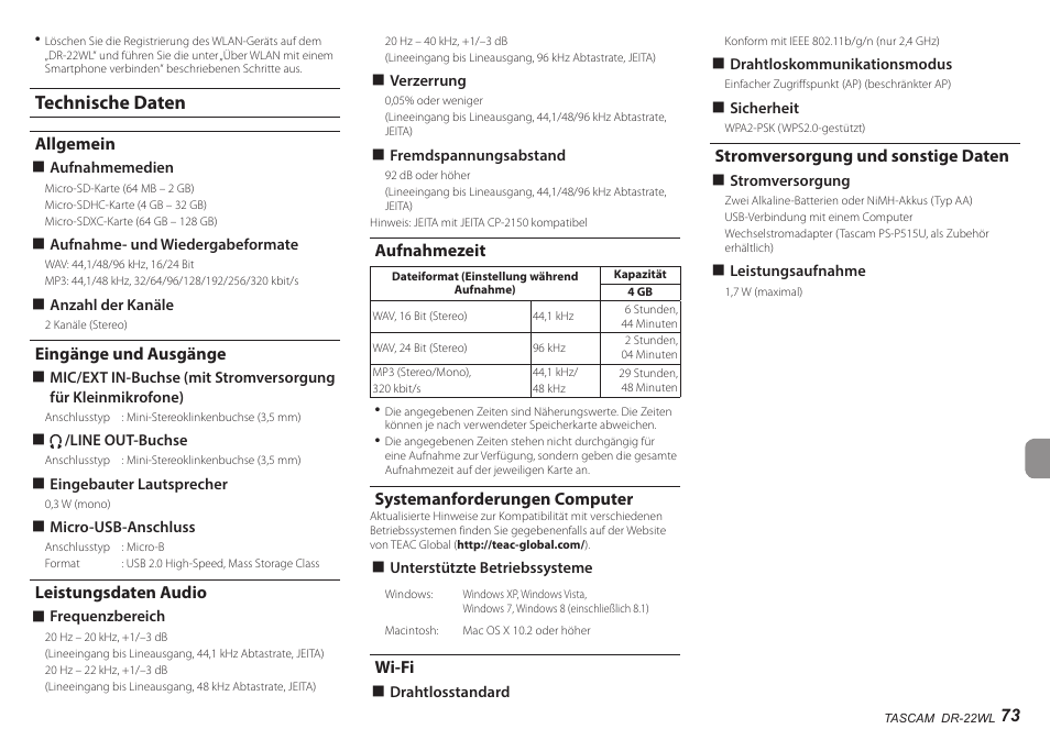 Technische daten, Allgemein, Eingänge und ausgänge | Leistungsdaten audio, Aufnahmezeit, Systemanforderungen computer, Wi-fi, Stromversorgung und sonstige daten | Teac DR-22WL User Manual | Page 73 / 112