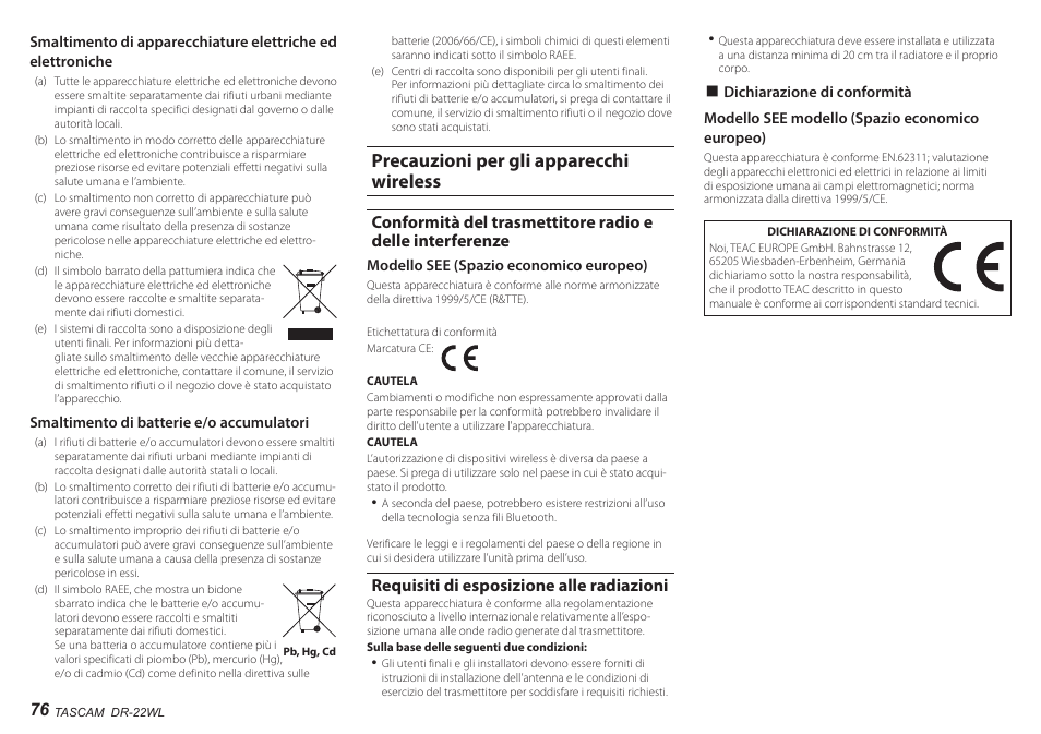 Precauzioni per gli apparecchi wireless, Requisiti di esposizione alle radiazioni | Teac DR-22WL User Manual | Page 76 / 112