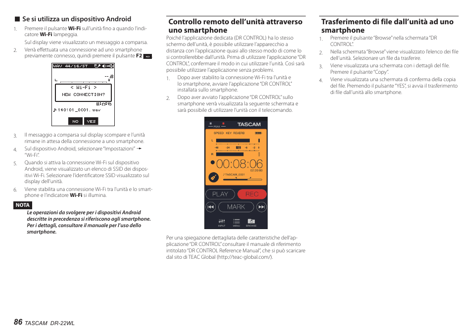 Trasferimento di file dall’unità ad uno smartphone | Teac DR-22WL User Manual | Page 86 / 112