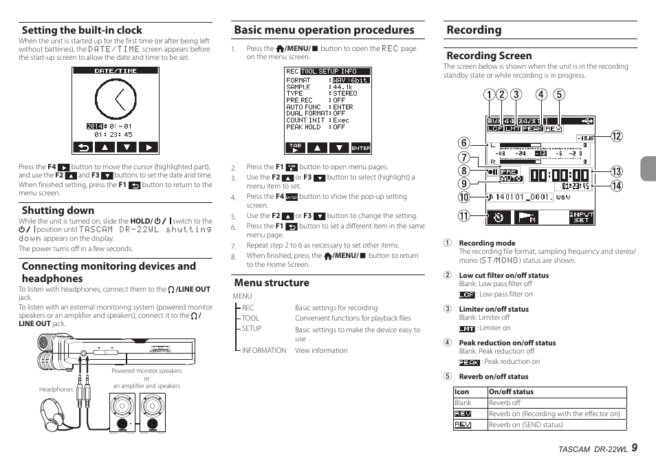 Setting the built-in clock, Shutting down, Connecting monitoring devices and headphones | Basic menu operation procedures, Menu structure, Recording, Recording screen, 9setting the built-in clock | Teac DR-22WL User Manual | Page 9 / 112