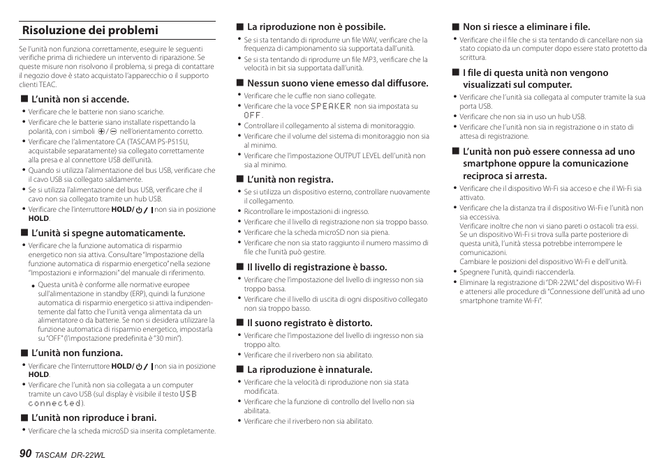 Risoluzione dei problemi | Teac DR-22WL User Manual | Page 90 / 112