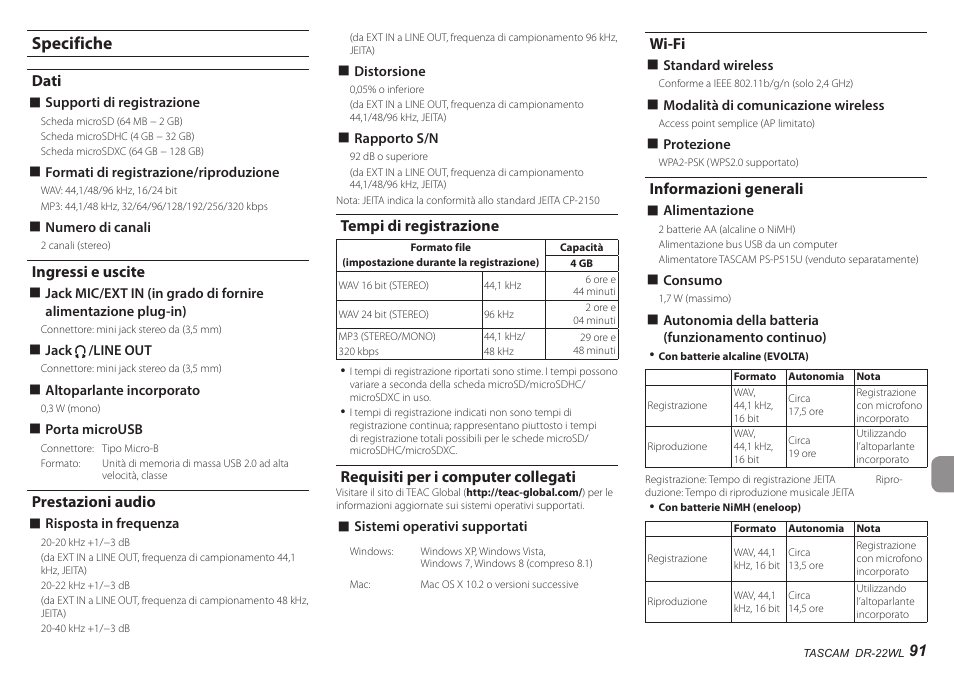 Specifiche, Dati, Ingressi e uscite | Prestazioni audio, Tempi di registrazione, Requisiti per i computer collegati, Wi-fi, Informazioni generali | Teac DR-22WL User Manual | Page 91 / 112