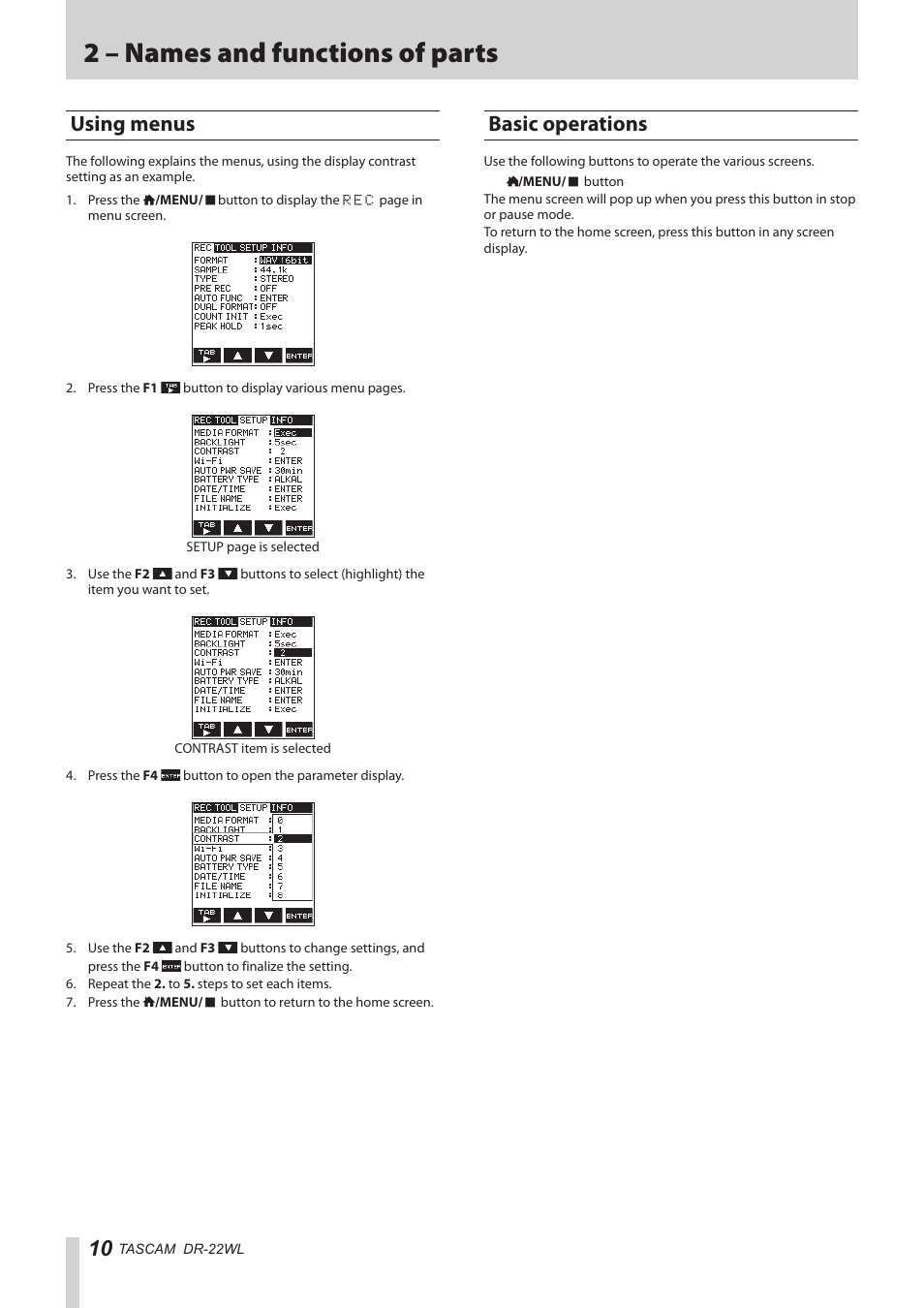 Using menus, Basic operations, Using menus basic operations | 2 – names and functions of parts | Teac DR-22WL Reference Manual User Manual | Page 10 / 44