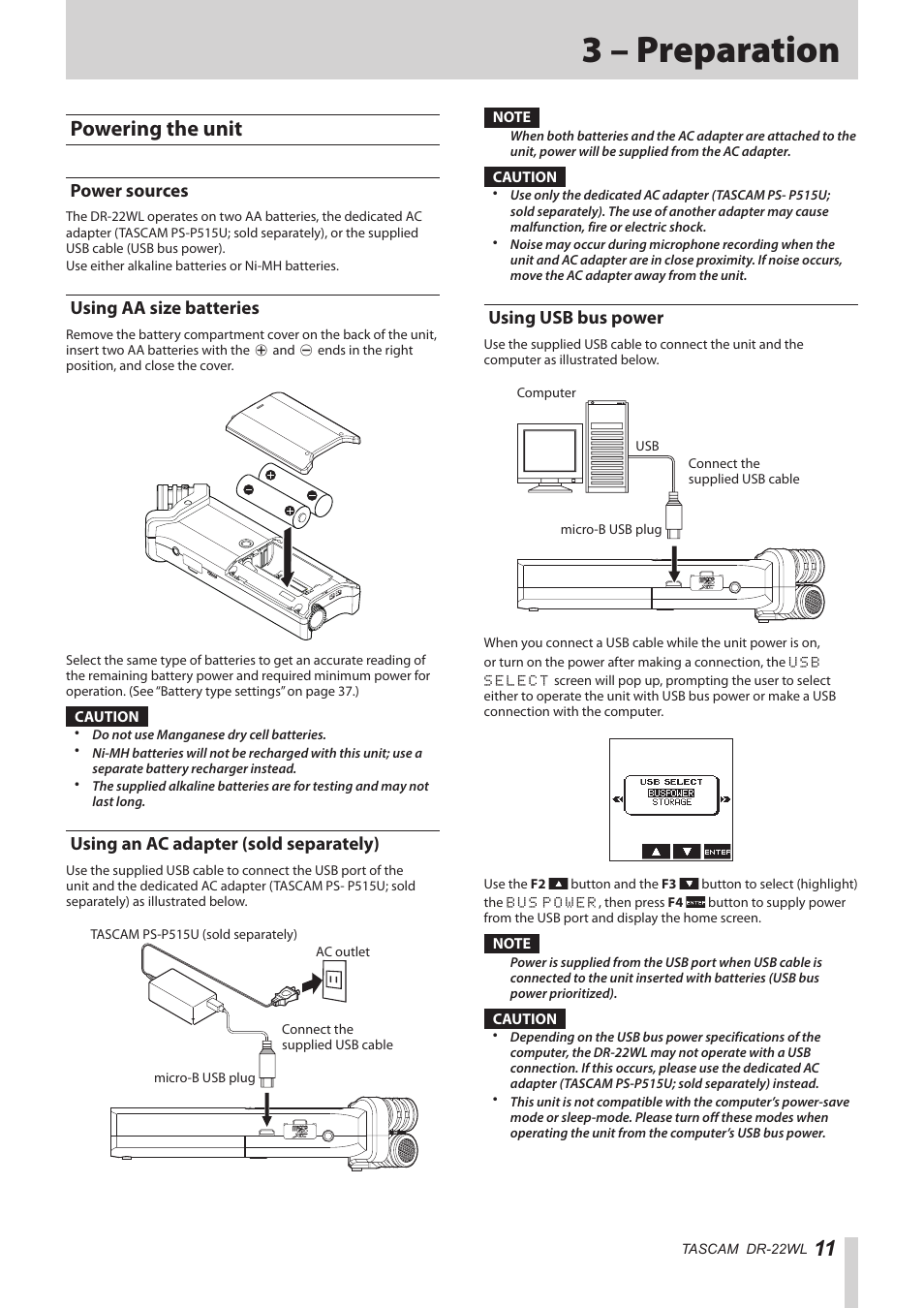 3 – preparation, Powering the unit, Power sources | Using aa size batteries, Using an ac adapter (sold separately), Using usb bus power | Teac DR-22WL Reference Manual User Manual | Page 11 / 44