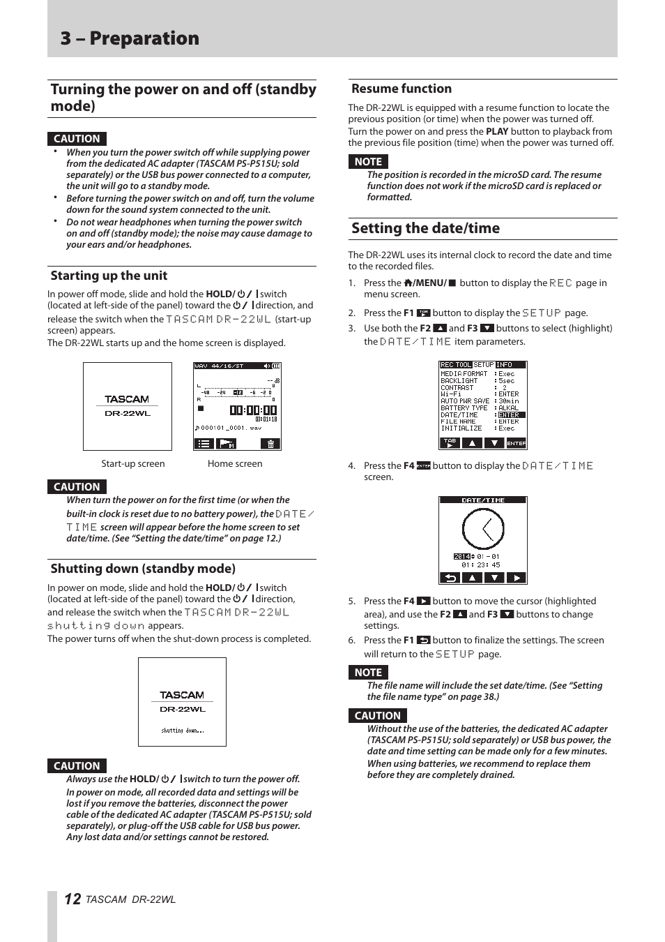 Turning the power on and off (standby mode), Starting up the unit, Shutting down (standby mode) | Resume function, Setting the date/time, 3 – preparation | Teac DR-22WL Reference Manual User Manual | Page 12 / 44