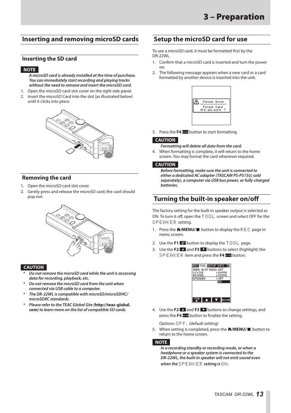 Inserting and removing microsd cards, Inserting the sd card, Removing the card | Setup the microsd card for use, Turning the built-in speaker on/off, Inserting the sd card removing the card, 3 – preparation | Teac DR-22WL Reference Manual User Manual | Page 13 / 44