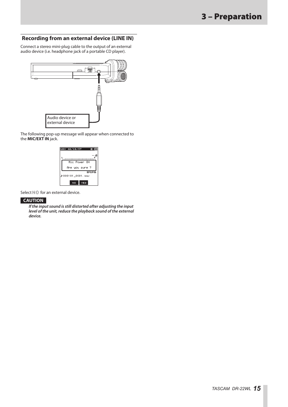 Recording from an external device (line in), 3 – preparation | Teac DR-22WL Reference Manual User Manual | Page 15 / 44