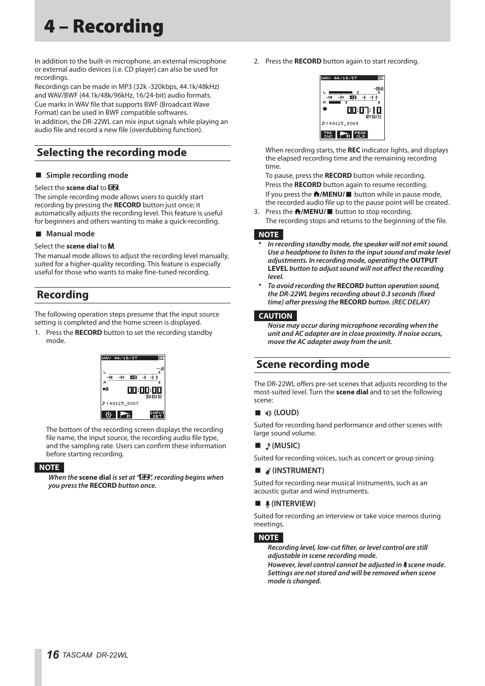 4 – recording, Selecting the recording mode, Recording | Scene recording mode | Teac DR-22WL Reference Manual User Manual | Page 16 / 44