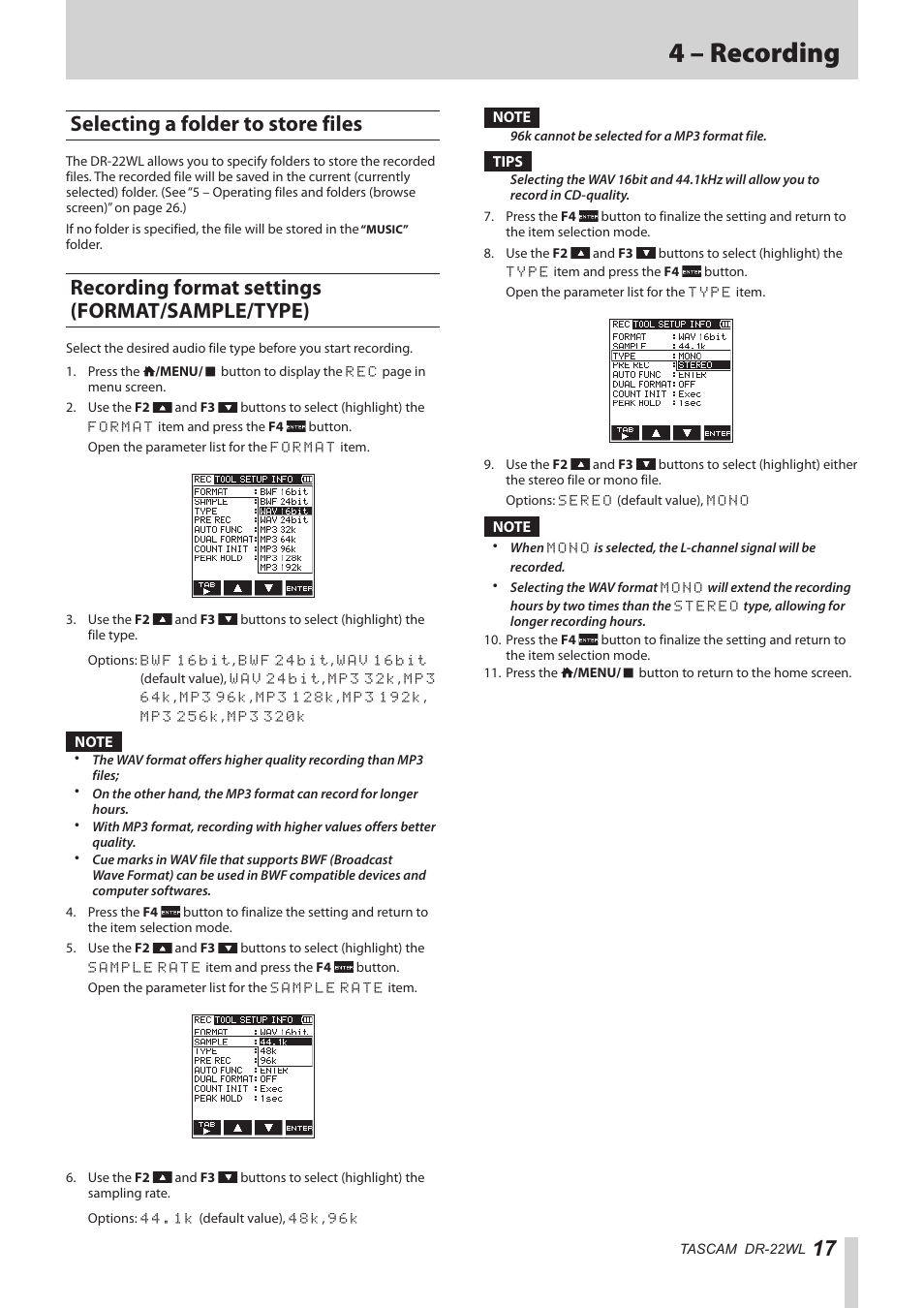 Selecting a folder to store files, Recording format settings (format/sample/type), Format/sample/type) | 4 – recording | Teac DR-22WL Reference Manual User Manual | Page 17 / 44