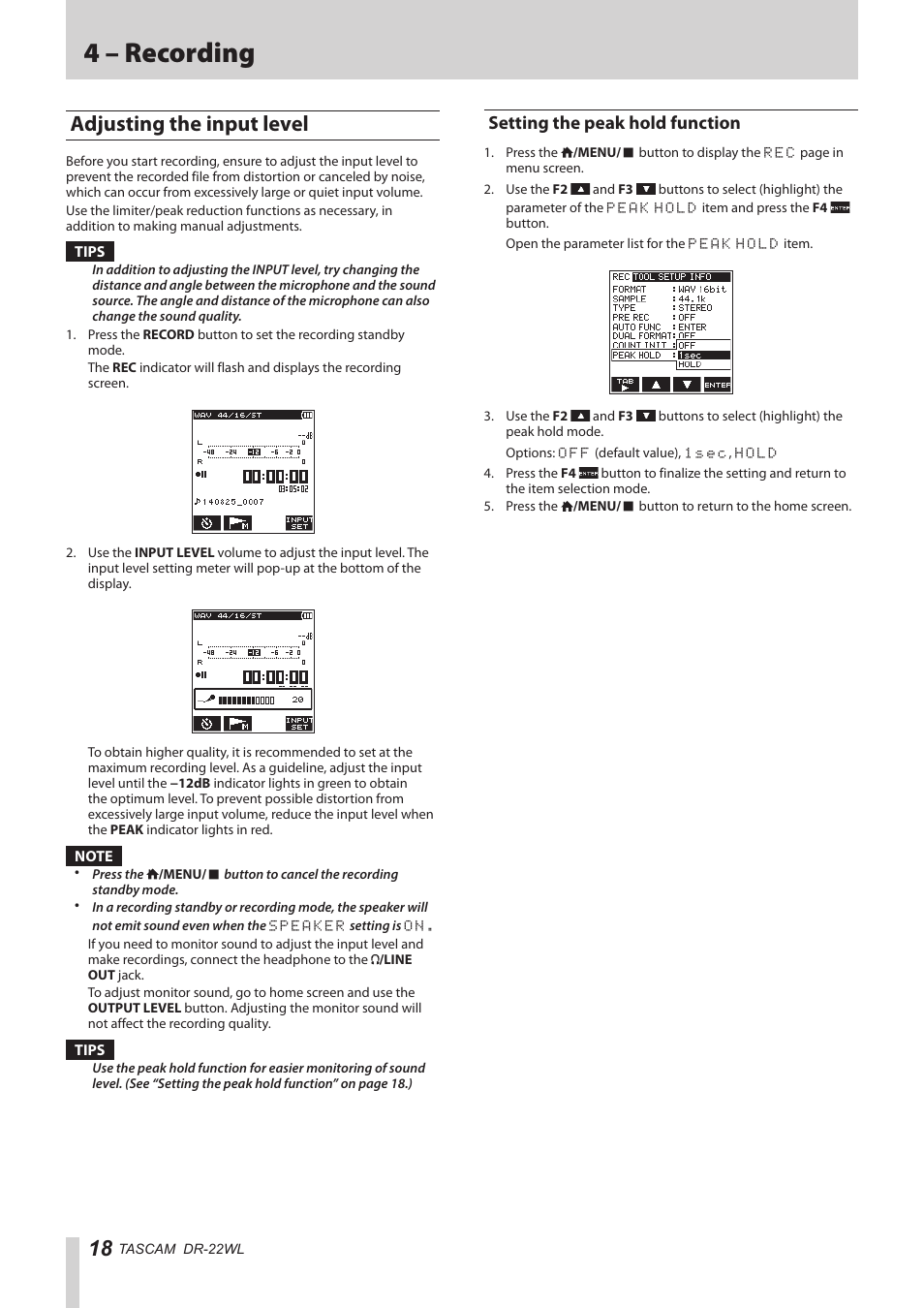 Adjusting the input level, Setting the peak hold function, 4 – recording | Teac DR-22WL Reference Manual User Manual | Page 18 / 44