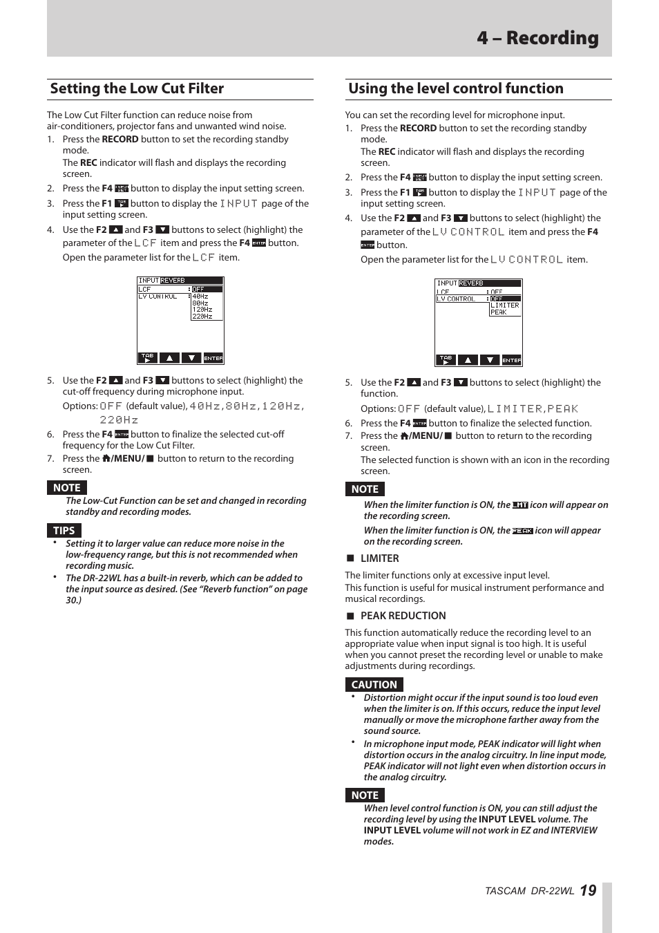 Setting the low cut filter, Using the level control function, 4 – recording | Teac DR-22WL Reference Manual User Manual | Page 19 / 44