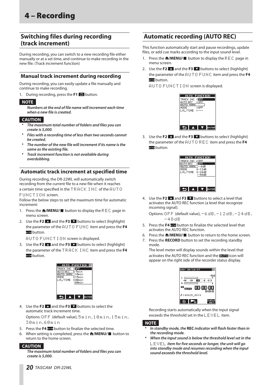 Switching files during recording (track increment), Manual track increment during recording, Automatic track increment at specified time | Automatic recording (auto rec), Switching files during recording, Track increment), 4 – recording | Teac DR-22WL Reference Manual User Manual | Page 20 / 44