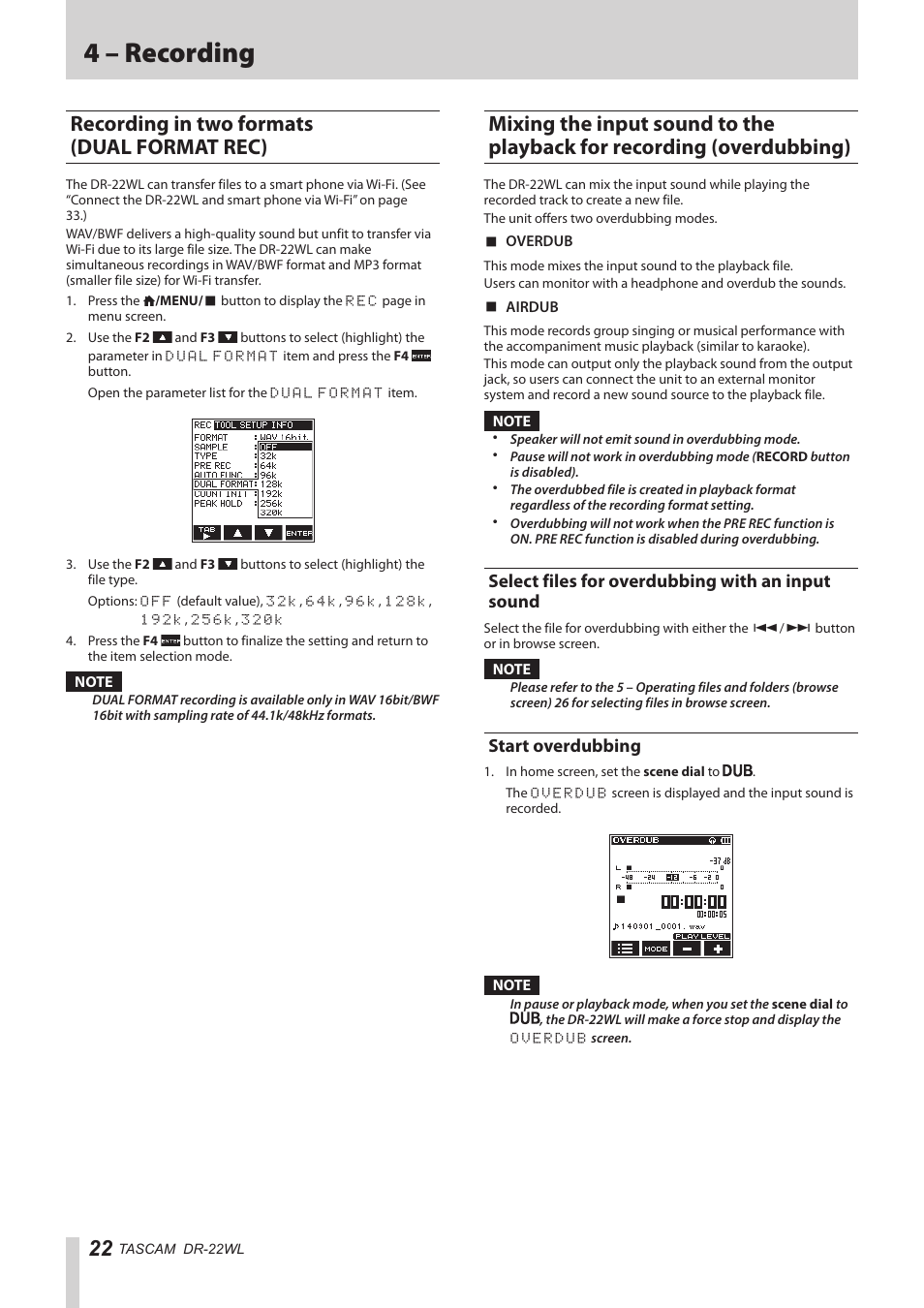 Recording in two formats (dual format rec), Select files for overdubbing with an input sound, Start overdubbing | Recording in two formats, Ing (overdubbing), 22 start overdubbing, 4 – recording | Teac DR-22WL Reference Manual User Manual | Page 22 / 44