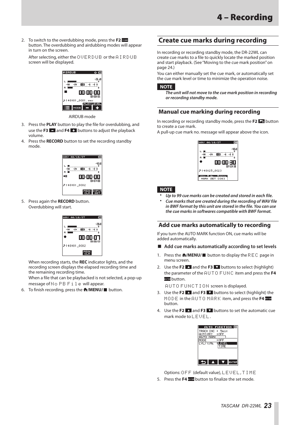 Create cue marks during recording, Manual cue marking during recording, Add cue marks automatically to recording | 4 – recording | Teac DR-22WL Reference Manual User Manual | Page 23 / 44