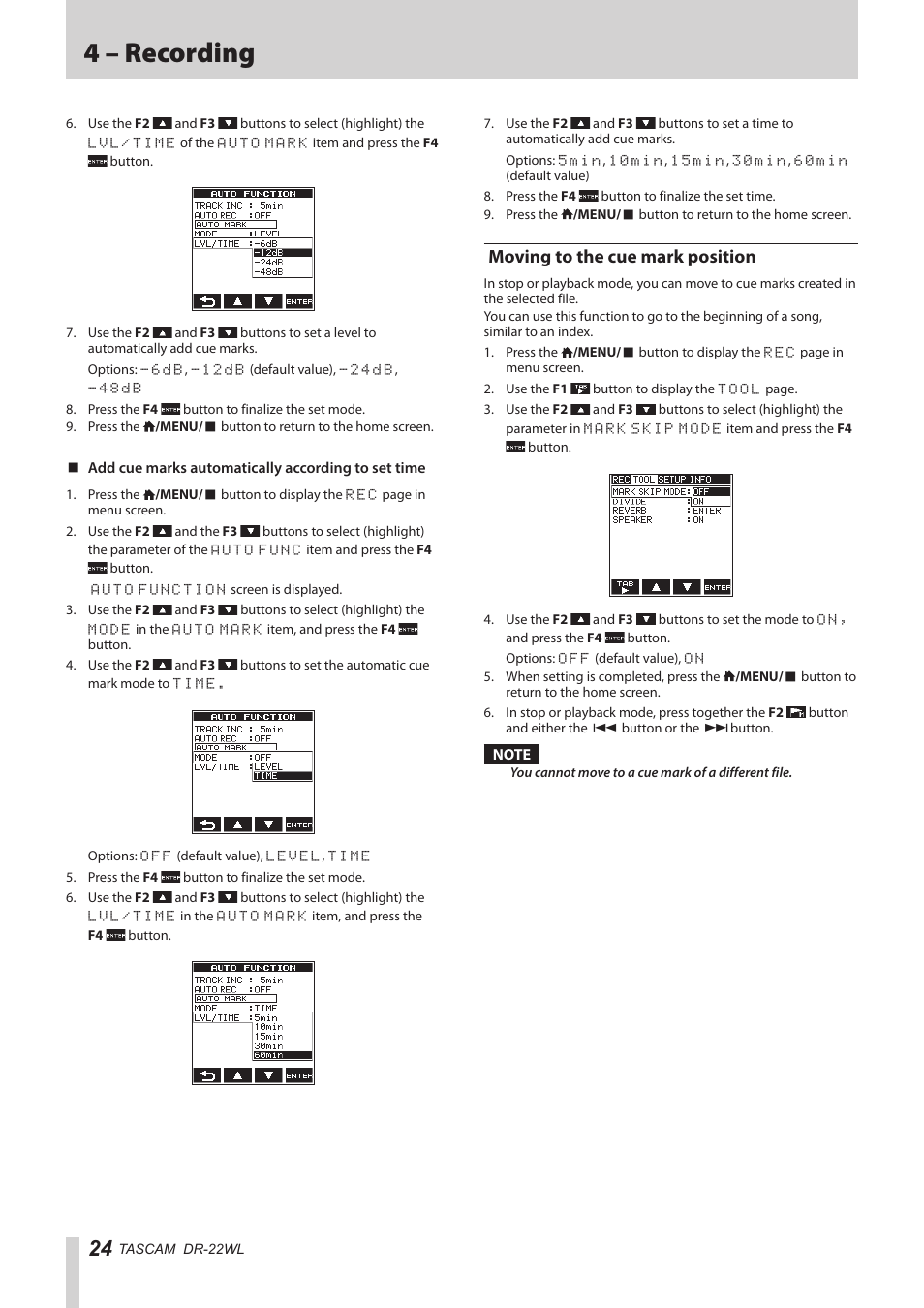 Moving to the cue mark position, 4 – recording | Teac DR-22WL Reference Manual User Manual | Page 24 / 44