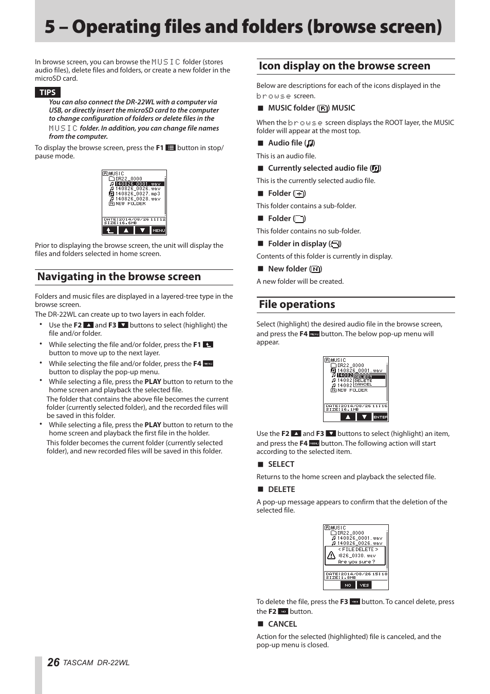 5 – operating files and folders (browse screen), Navigating in the browse screen, Icon display on the browse screen | File operations, 5 – operating files and folders (browse, Screen), Screen) 26 for sele | Teac DR-22WL Reference Manual User Manual | Page 26 / 44