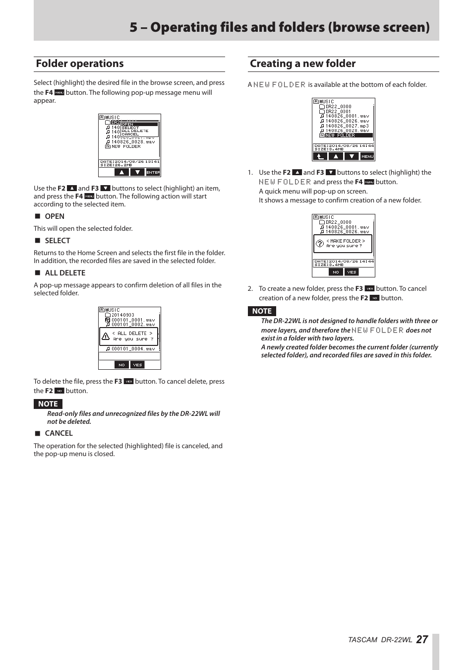 Folder operations, Creating a new folder, Folder operations creating a new folder | 5 – operating files and folders (browse screen) | Teac DR-22WL Reference Manual User Manual | Page 27 / 44