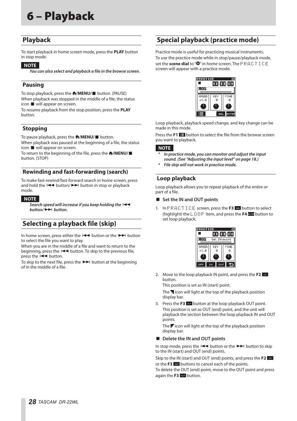 6 – playback, Playback, Pausing | Stopping, Rewinding and fast-forwarding (search), Selecting a playback file (skip), Special playback (practice mode), Loop playback | Teac DR-22WL Reference Manual User Manual | Page 28 / 44