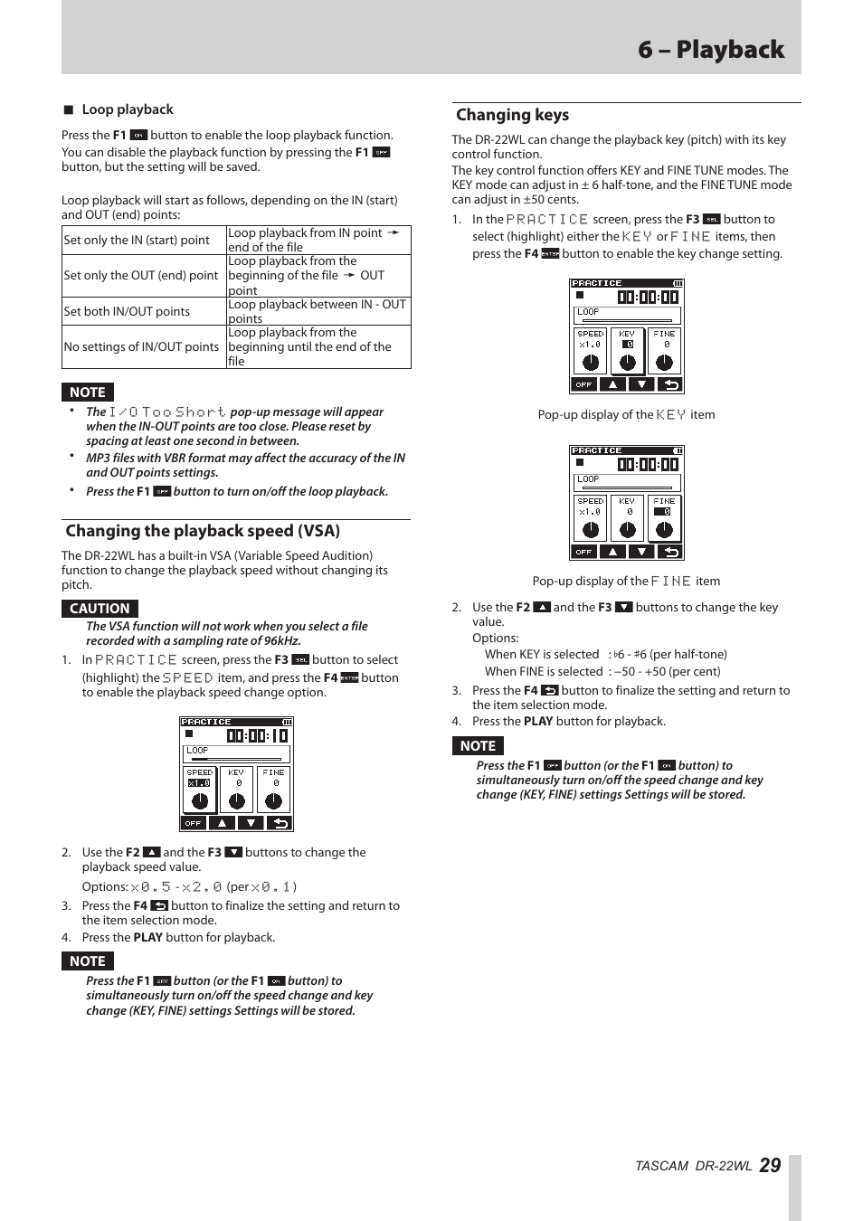 Changing the playback speed (vsa), Changing keys, Changing the playback speed (vsa) changing keys | 6 – playback | Teac DR-22WL Reference Manual User Manual | Page 29 / 44