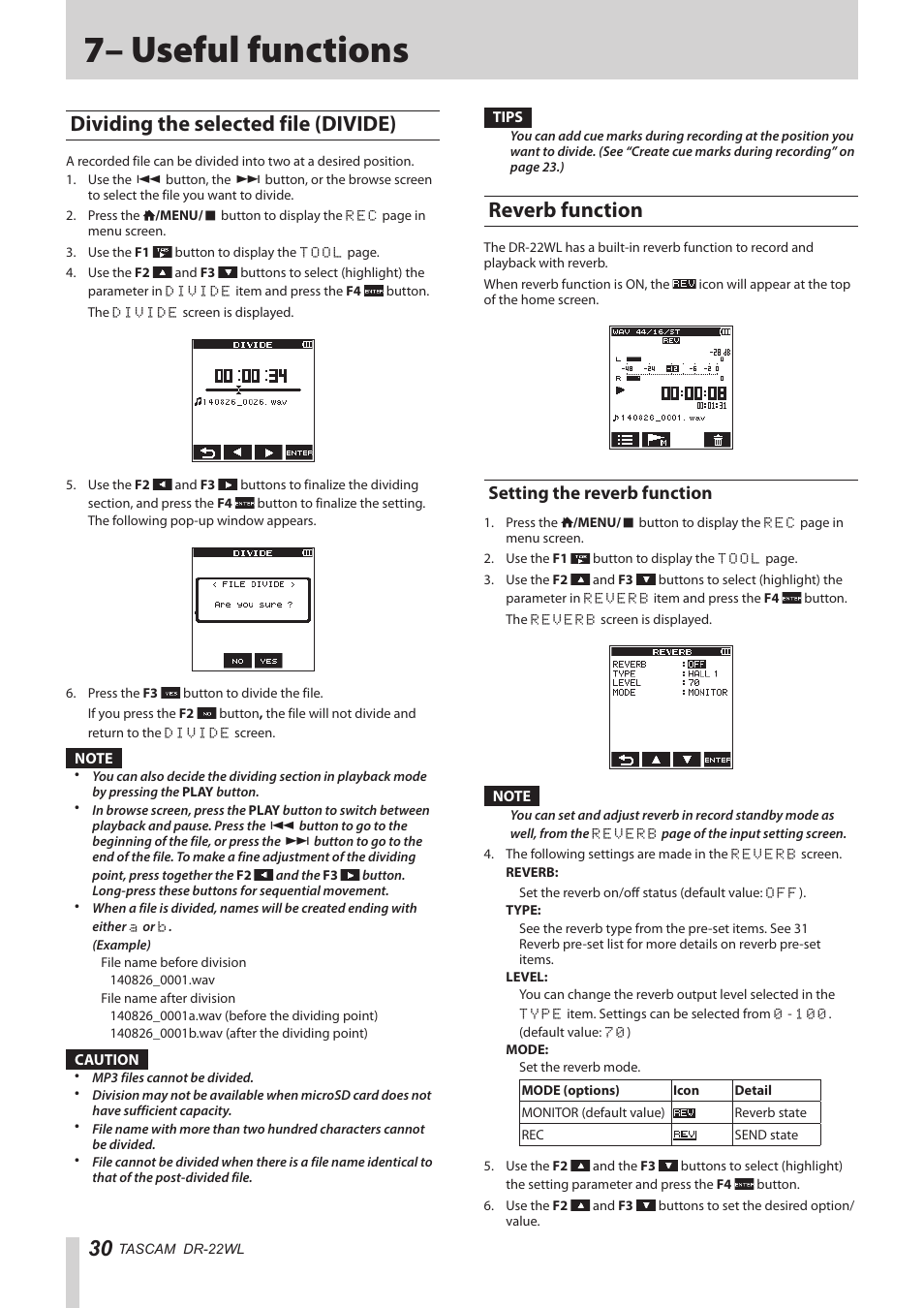 7– useful functions, Dividing the selected file (divide), Reverb function | Setting the reverb function | Teac DR-22WL Reference Manual User Manual | Page 30 / 44