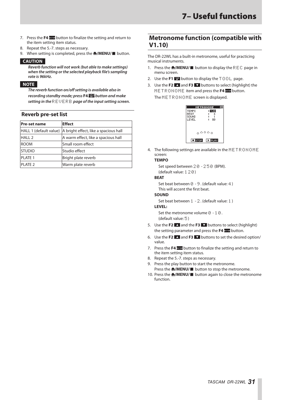 Reverb pre-set list, Metronome function (compatible with v1.10), Ee 31 | 7– useful functions | Teac DR-22WL Reference Manual User Manual | Page 31 / 44