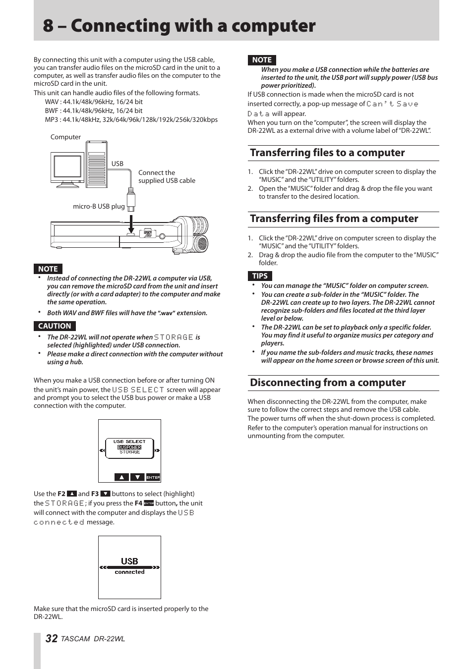 8 – connecting with a computer, Transferring files to a computer, Transferring files from a computer | Disconnecting from a computer | Teac DR-22WL Reference Manual User Manual | Page 32 / 44