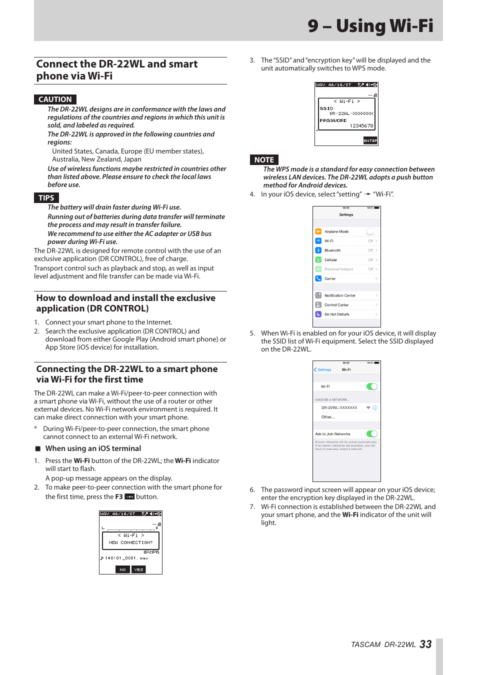 9 – using wi-fi, Connect the dr-22wl and smart phone via wi-fi, Connect the dr-22wl and smart phone via wi-fi 33 | How to download and install the exclusive, Wi-fi for the first time, I. (see | Teac DR-22WL Reference Manual User Manual | Page 33 / 44