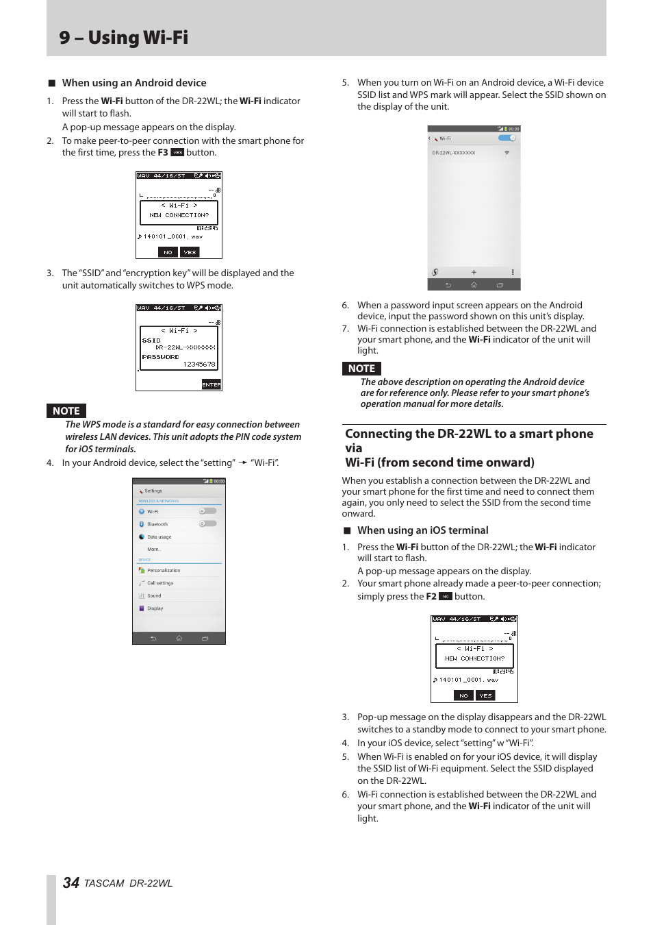 Connecting the dr-22wl to a smart phone via, Wi-fi (from second time onward), 9 – using wi-fi | Teac DR-22WL Reference Manual User Manual | Page 34 / 44