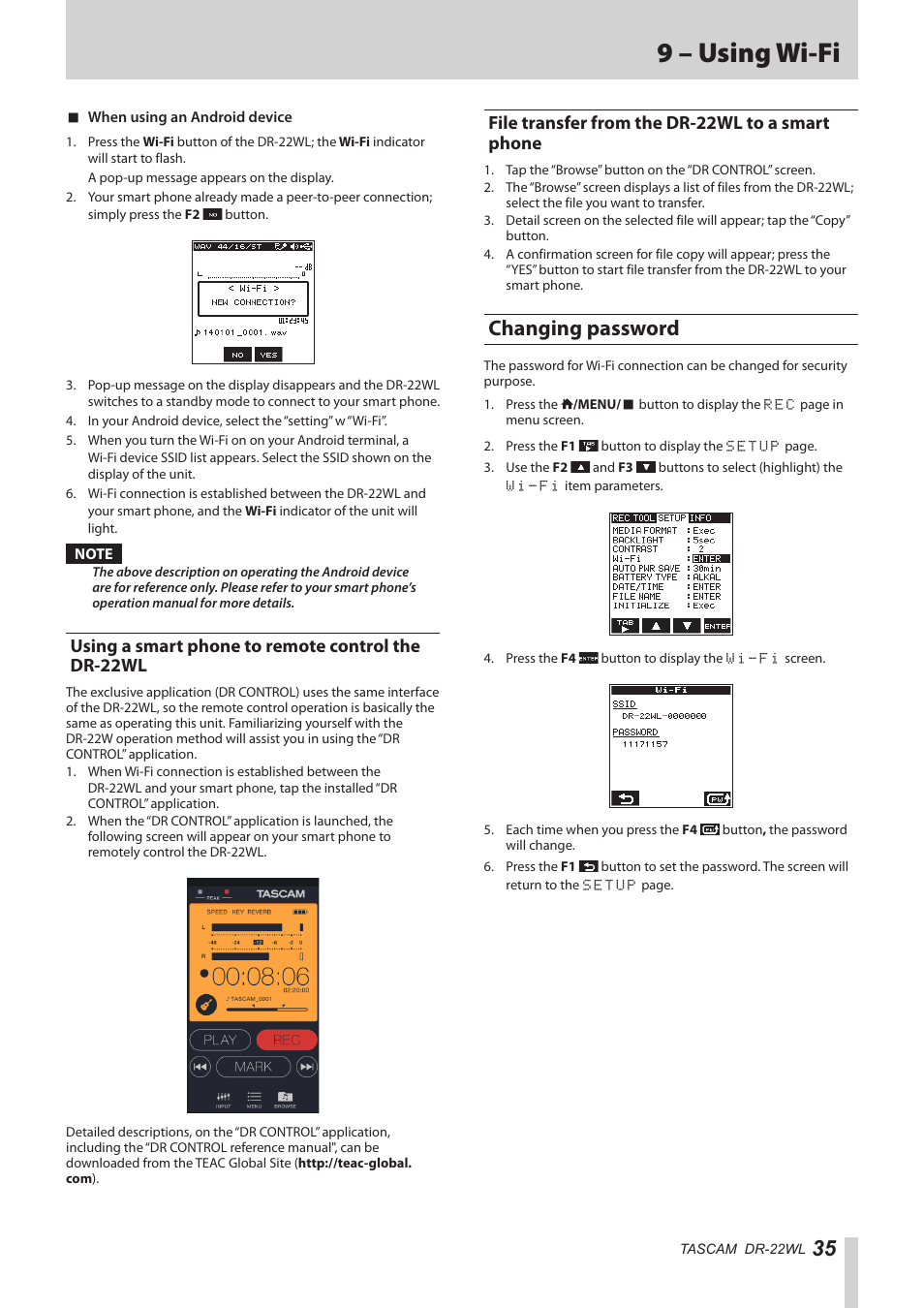 Using a smart phone to remote control the dr-22wl, File transfer from the dr-22wl to a smart phone, Using a smart phone to remote control the | 9 – using wi-fi, Changing password | Teac DR-22WL Reference Manual User Manual | Page 35 / 44